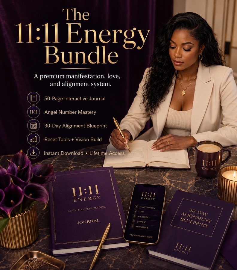 The 11:11 Energy Bundle campaign image: the 83-page interactive journal, Angel Number Mastery, and the 30-Day Alignment Blueprint.