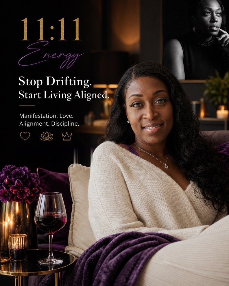 Aalia Ameen in a cream knit beside purple florals under the 11:11 Energy logo and the line "Stop Drifting. Start Living Aligned."