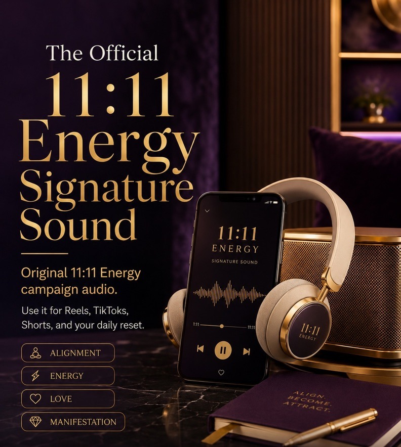 The Official 11:11 Energy Signature Sound campaign image with gold headphones and the player on a phone.